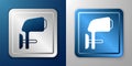 White Outboard boat motor icon isolated on blue and grey background. Boat engine. Silver and blue square button. Vector