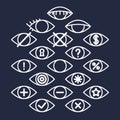 White outline eye icons for different actions on dark background, outline eye pictograms set, vector operations images