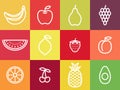 White outline fruit icon set. White stroke fruits centered in colorful squares.