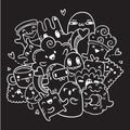 White outline hand drawn set of doodles on black background. Vector isolated contour of cartoon monsters Royalty Free Stock Photo