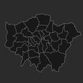 white outline map of Greater London is a region of England, with borders of the ceremonial counties or boroughs Royalty Free Stock Photo