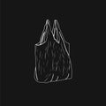 White outline plastic bag silhouette on black background. Vector illustration for plastic pollution problem concept