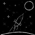 White outline space rocket from the earth flies to the moon among the stars in sketch chalk style, isolated on black background.