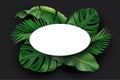 White oval blank card with green exotic jungle leaves on black background. Monstera, philodendron, fan palm, banana leaf