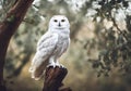 White owl in the forest on natural blurred background.