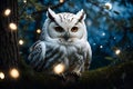 A white owl with brown eyes stand in the trunk of tree surrounded by fireflies