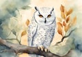 White owl in the forest, watercolor illustration. Royalty Free Stock Photo