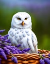 White Owl In The Lavender Garden, animal illustration, Background, poster or postcard. AI Generated