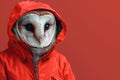 White owl in red raincoat ready for autumn rainy weather.