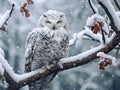 white owl sitting on branch with snow in winter forest Royalty Free Stock Photo