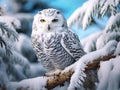 white owl sitting on branch in snowy forest Royalty Free Stock Photo