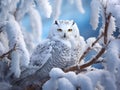 white owl sitting on branch in snowy forest Royalty Free Stock Photo