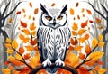 White owl stand out in vibrant autumn leaves