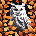 White owl stand out in vibrant autumn leaves