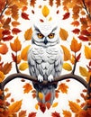 White owl stand out in vibrant autumn leaves