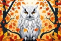 White owl stand out in vibrant autumn leaves