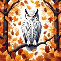 White owl stand out in vibrant autumn leaves