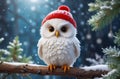 white owl wearing red knit cap on frosty branch with blurred snow-covered Christmas tree in background. concepts Royalty Free Stock Photo