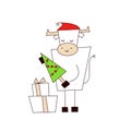 White ox. Merry Christmas and happy new year 2021. Funny cute kawaii bull with presents and christmas tree isolated on Royalty Free Stock Photo