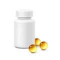 White package bottle and oil capsules. Blank Medicine can container with pills of omega 3 fish vector realistic Royalty Free Stock Photo