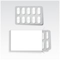 White package with oval tablets, blisters pack medicines mock up vector template. Painkillers, antibiotics, vitamins