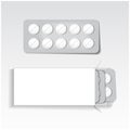 White package with tablets, blisters pack medicines mock up vector template. Painkillers, antibiotics, vitamins, aspirin