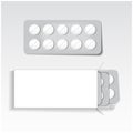 White package with tablets, blisters pack medicines mock up vector template. Painkillers, antibiotics, vitamins, aspirin