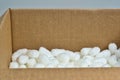 White packing peanuts styrofoam popcorn packaging material inside an open cardboard box.