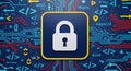Digital security concept with padlock icon surrounded by circuit board elements and technology symbols Royalty Free Stock Photo