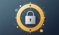 white padlock with keyhole is centered within circular frame, surrounded by gradient yellow and blue dots and