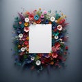 white page set amidst a burst of colorful flora, against a deep grey backdrop. colorful background, Floral Background Royalty Free Stock Photo