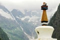 White Pagoda in front of snow mountains