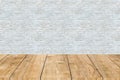 White paint brick wall with wooden table forground Royalty Free Stock Photo