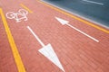 White painted bike path on sidewalk near the highway. Concept of safe bicycle infrastructure and eco transport Royalty Free Stock Photo