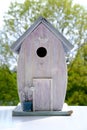 white painted birdhouse is ready for the new spring season, a house against the background of spring green foliage of trees, the