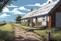 a white painted brick pathway leading to the faded metal-roofed farmhouse, magazine style illustration