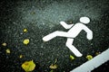 White painted sign on asphalt. Pedestrian lane and yellow dry leaves.