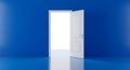 Open White Door Revealing Bright White Light Against a Deep Blue Wall and Floor doorway entrance Royalty Free Stock Photo