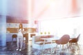 White panoramic kitchen with bar, woman Royalty Free Stock Photo