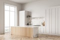 White panoramic kitchen interior with cabinet panels. Corner view