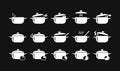 White pans icons set in simple style. Cooking in a saucepan with steam, stirring, warm homemade food. Logos isolated on