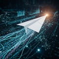 A white paper airplane flies through a digital landscape filled with binary code, Royalty Free Stock Photo