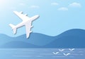 White paper airplane flying in the sky background with mountains, seagull and sea. Travel by air transport concept. Royalty Free Stock Photo