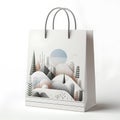 White Paper Bag Mockup with mountain sunrise scene and brown rope handle isolated on a white background. Blank Paper Shopping Bag Royalty Free Stock Photo