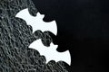 White paper bats lie on a black background with cobwebs