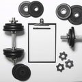 White paper board and exercise tools - Concept for workout plan - Flat lay minmal design Royalty Free Stock Photo