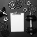 White paper board and exercise tools - Concept for workout plan - Flat lay minmal design Royalty Free Stock Photo