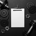 White paper board and exercise tools - Concept for workout plan - Flat lay minmal design Royalty Free Stock Photo
