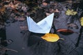 White paper boat and autumn puddles. Inspiration and optimism Royalty Free Stock Photo