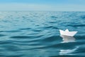 White paper boat floating on river, space for text Royalty Free Stock Photo